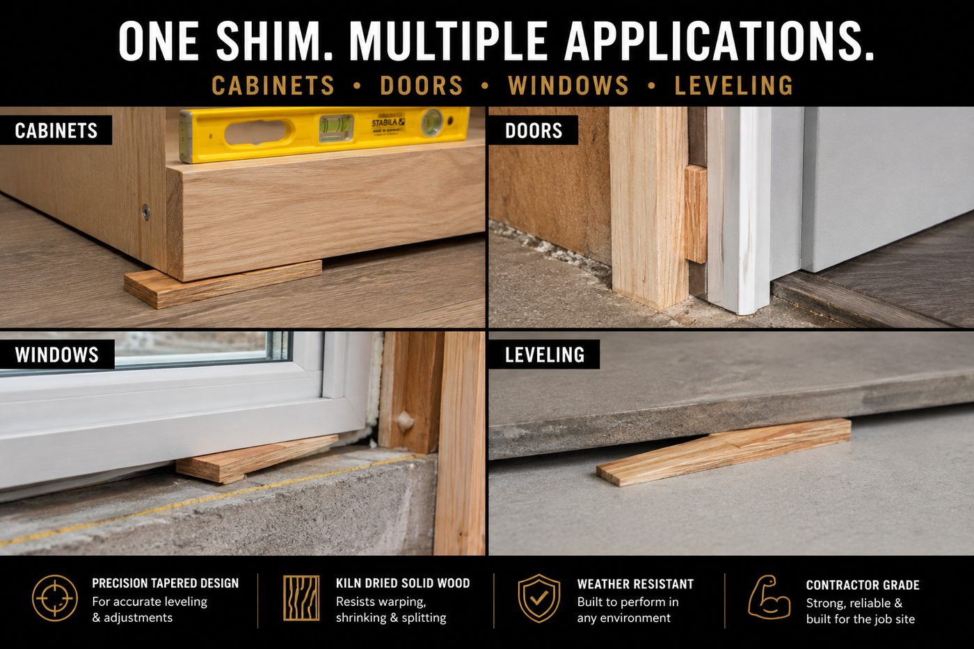 TrueShims used under cabinets, in door jambs, under window frames and for floor leveling