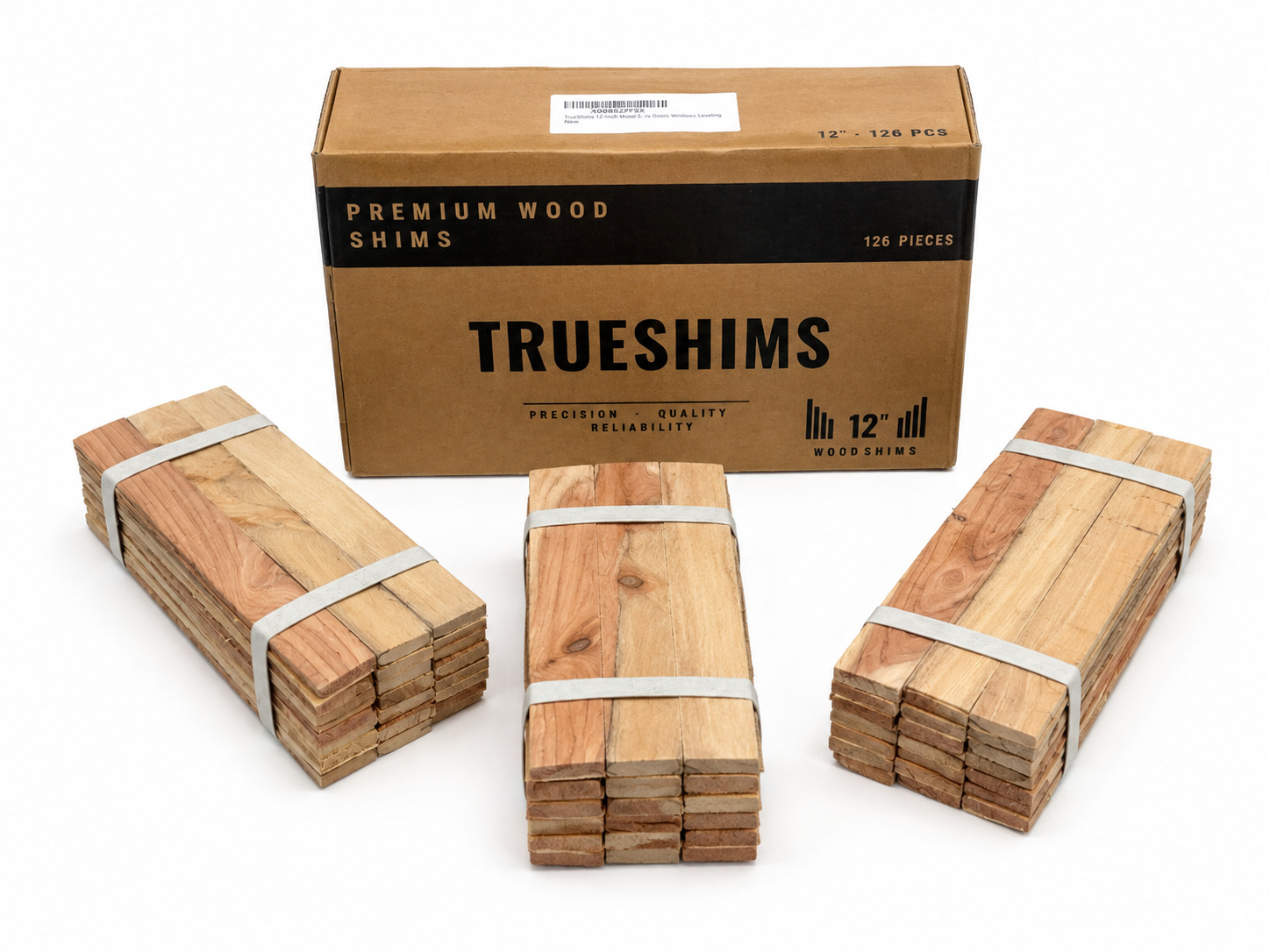 TrueShims box with three bundles of 12-inch wood shims