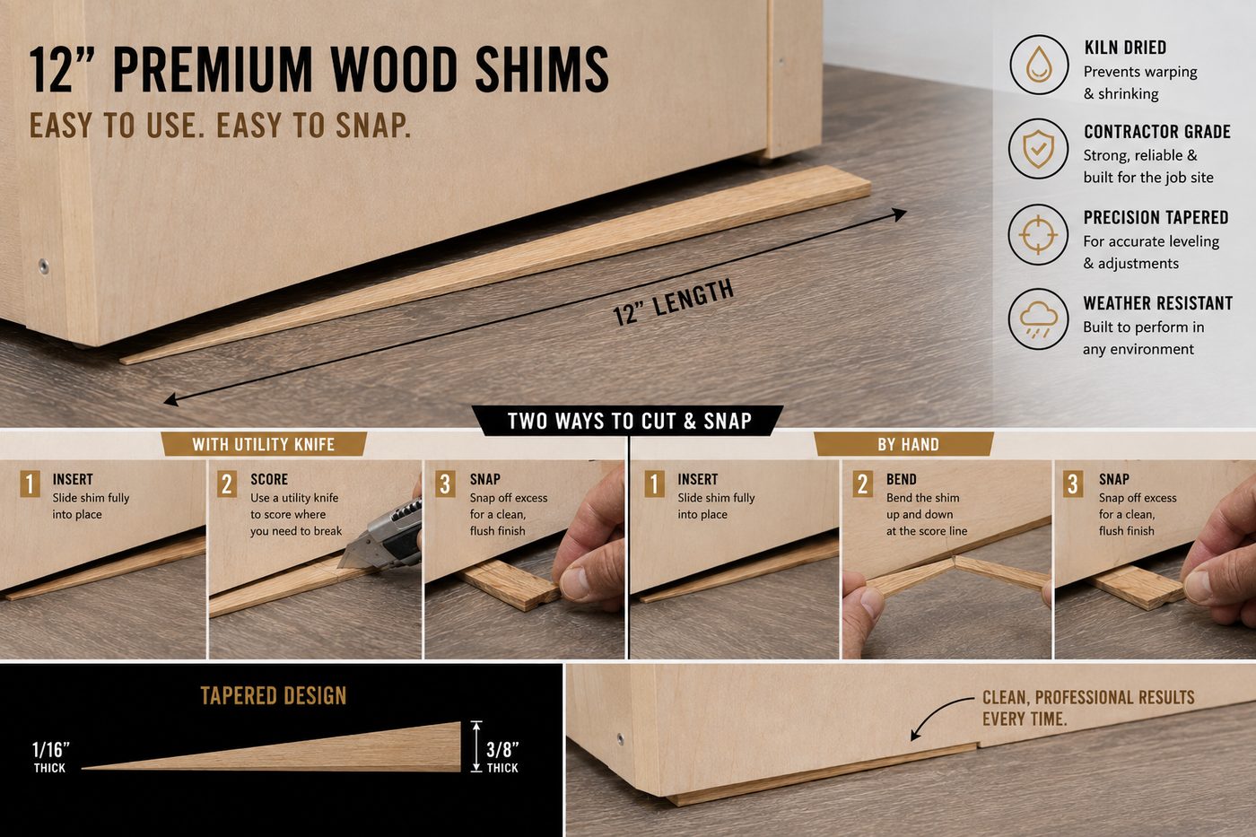 Step by step: insert the shim, score with a utility knife or bend by hand, then snap off the excess
