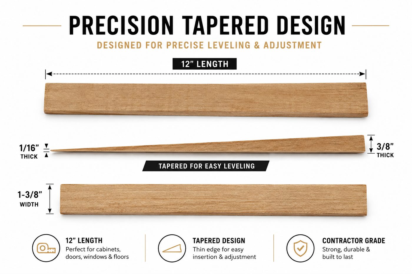 Diagram showing the 12 inch length, 1-3/8 inch width and taper from 1/16 inch to 3/8 inch